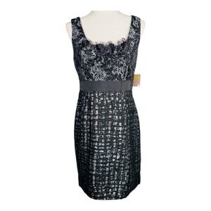 NWT Y2K Taylor Black/Silver Metallic Ruffle Neckline Sheath Cocktail Mini Dress